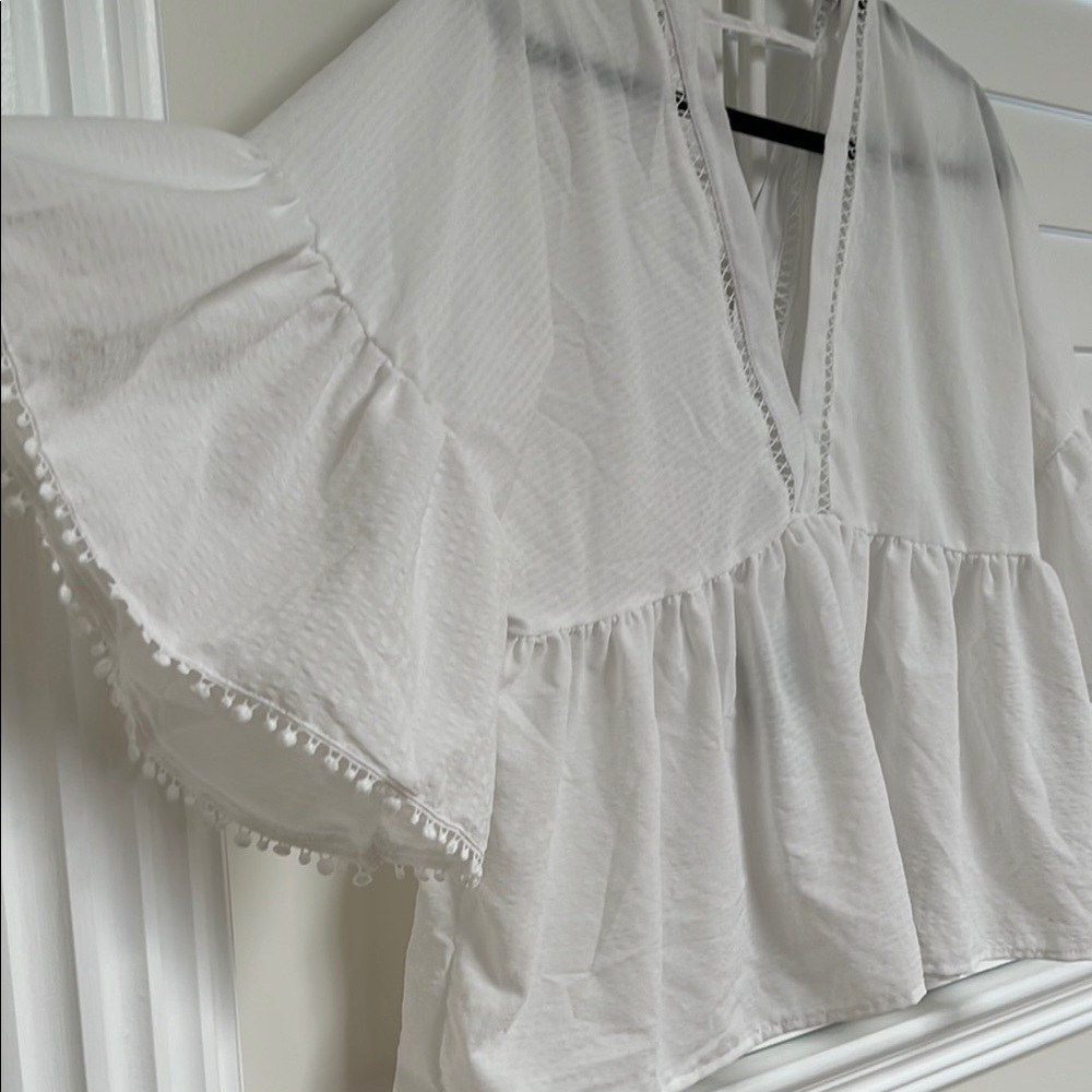 White Boxy Blouse with Ruffled Sleeves